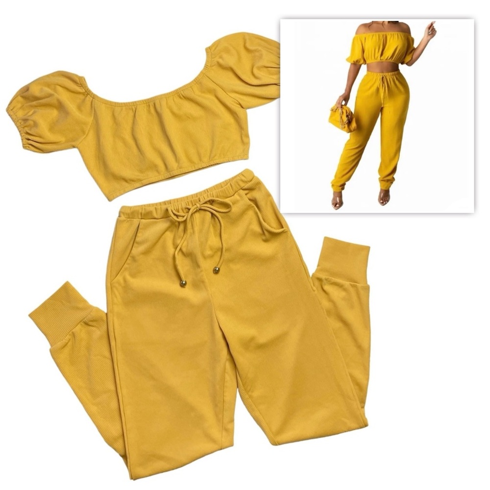Sabo Skirt Off Shoulder Crop Top & Pants Set Yellow S